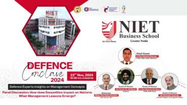 Poster of Defence Conclave 2024 organized by NIET Business School, featuring distinguished defense experts and corporate leaders discussing geopolitical impacts.