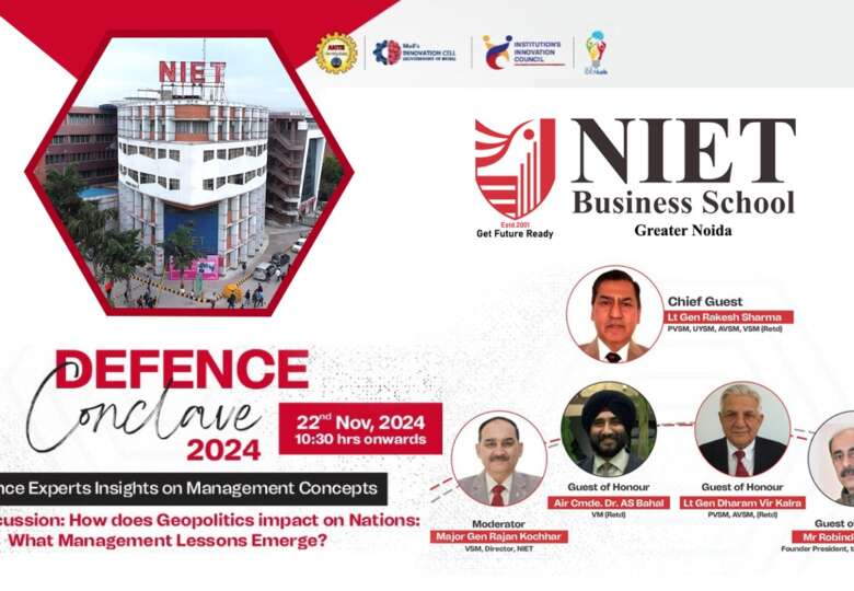 Poster of Defence Conclave 2024 organized by NIET Business School, featuring distinguished defense experts and corporate leaders discussing geopolitical impacts.