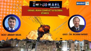 Dr. Richard Benkin and Hriday Raval appear against a fiery background with the title “Islamist Regime Change in Iran Is the Only Solution” between them.